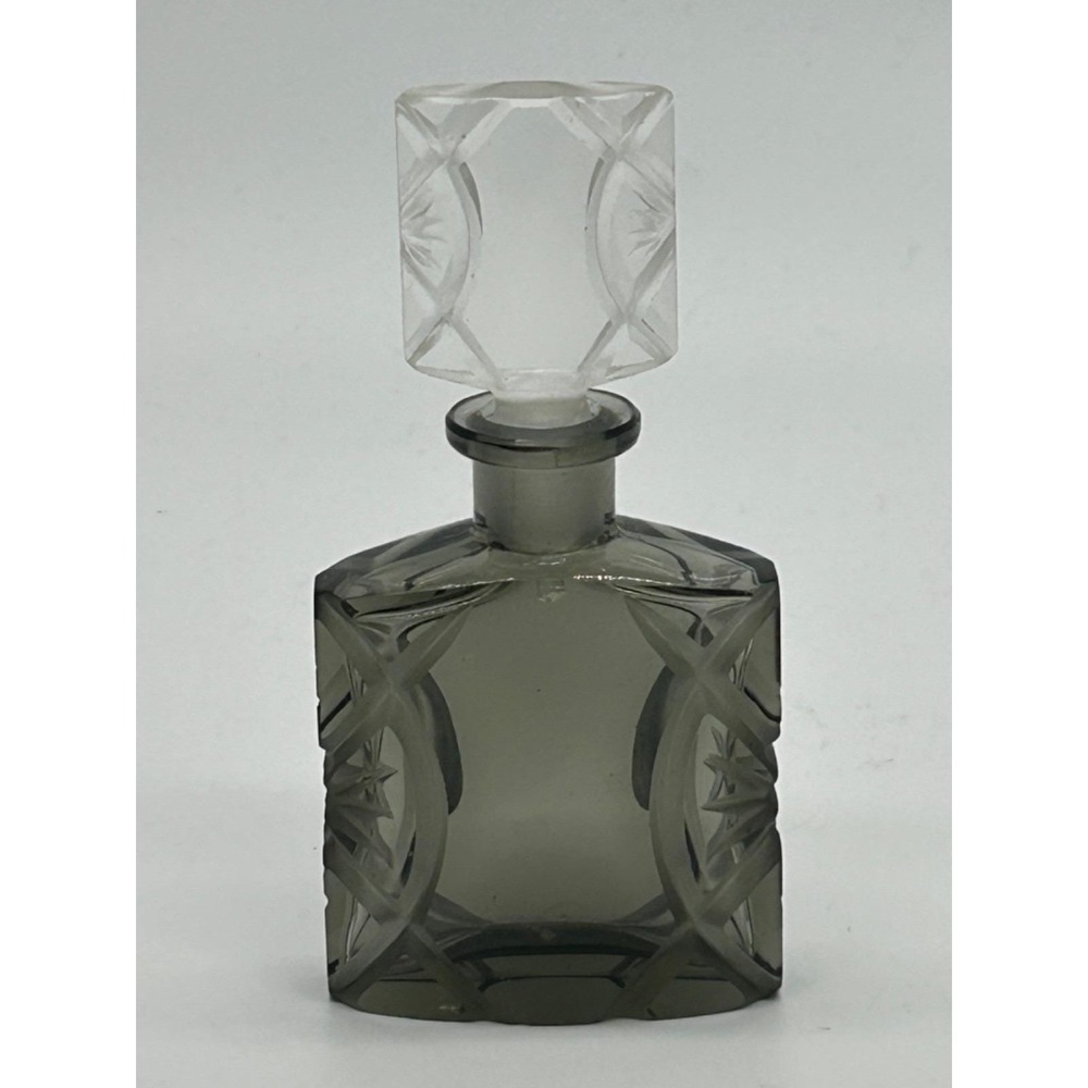 Czech Crystal Perfume Bottle Smokey‎ Gray Bottle With Clear Stopper
